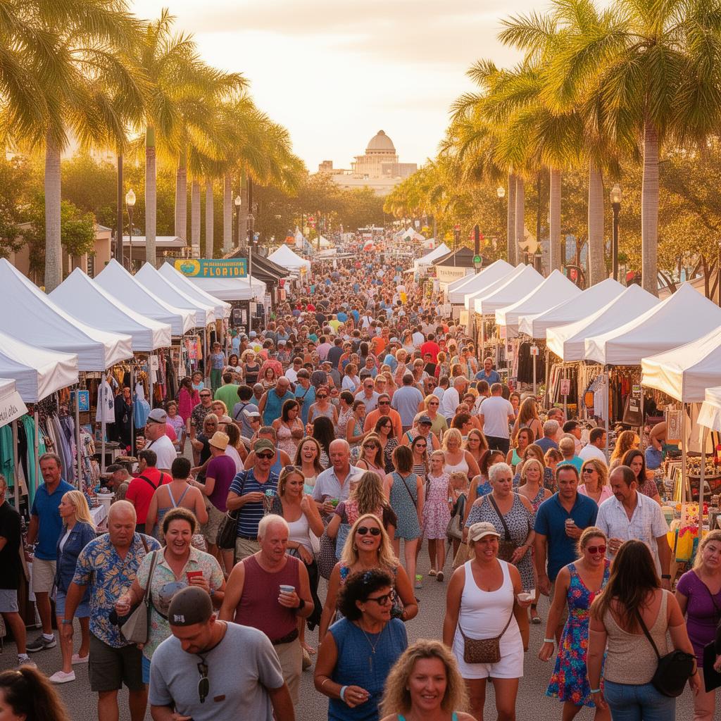 Packed festival crowd browsing vendor tents