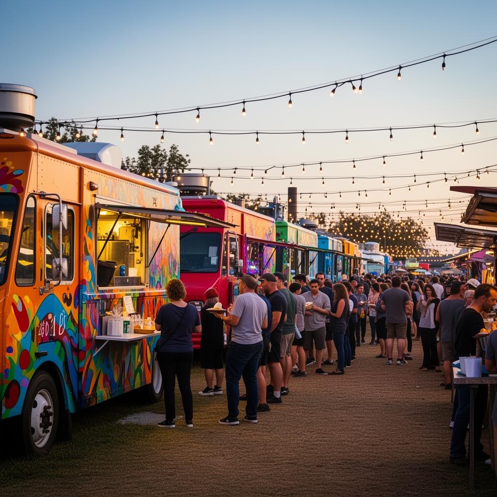 Line of food trucks at evening festival